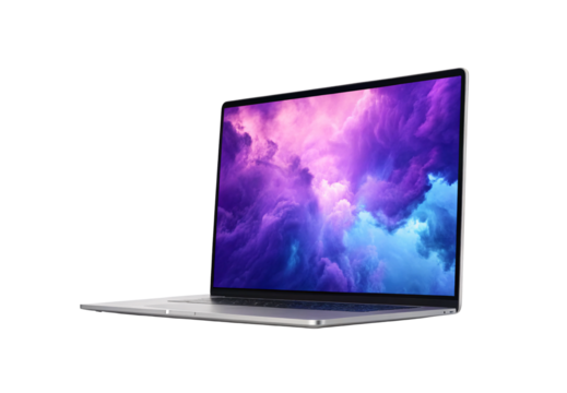 Modern silver laptop with vibrant purple and blue cloud display screen, isolated on a transparent background