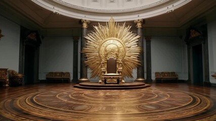 Luxurious throne with ornate golden sunburst backdrop in elegant historic hall