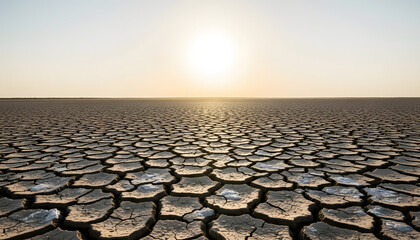 Cracked earth in a dry desert landscape under a warm sunset sky