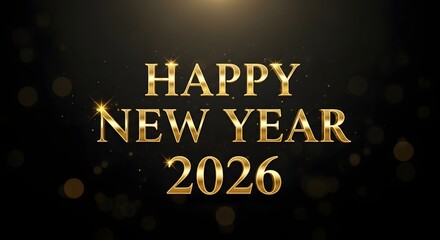 Golden happy new year 2026 celebration on a dark background with bokeh lights