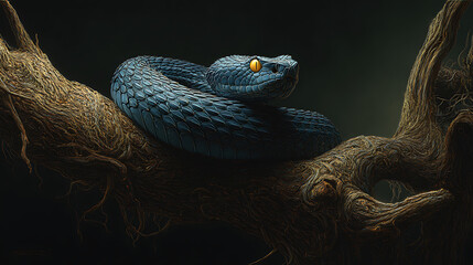 Blue viper coiled on gnarled wood blue snake gnarled branch
