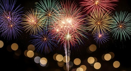 Colorful fireworks exploding in a dark sky with bokeh lights below