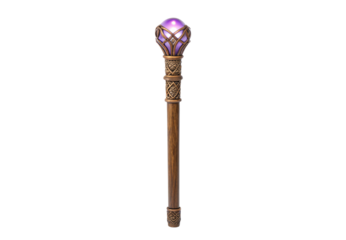 Decorative wooden staff with purple gemstone orb and elaborate metallic carved accents, isolated on a transparent background