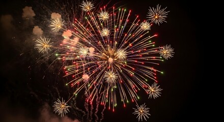 Bursting fireworks display illuminating the night sky with vibrant colors and light