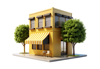 Yellow corner cafe building with awnings and upper floor, isolated on a transparent background