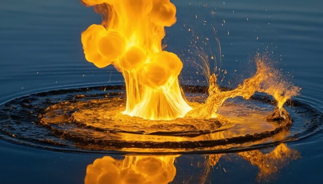 Explosion of fire in water with reflection creating a dramatic effect near blue sea