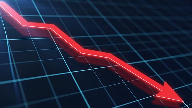 Financial market crisis with a red arrow showing a sharp decline on a dark blue grid background illustrating economic downturn loss and recession - Powered by Adobe