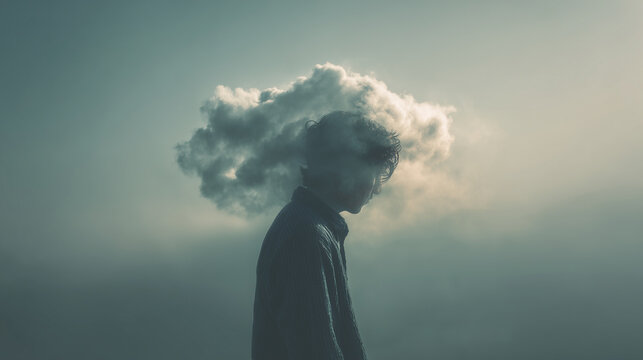 Minimal silhouette with soft cloud around head symbolizing overthinking and introspection. Silhouette of person with soft floating cloud surrounding the head. Gentle haze, minimalist emotional metapho