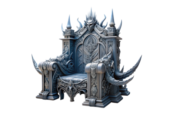 Ornate silver-blue throne with demon skull crown, curved horns, and intricate gothic carvings, isolated on a transparent background