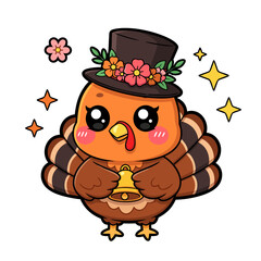 Delightful cartoon turkey character adorned with a floral top hat holding a golden bell, perfect for festive holiday designs