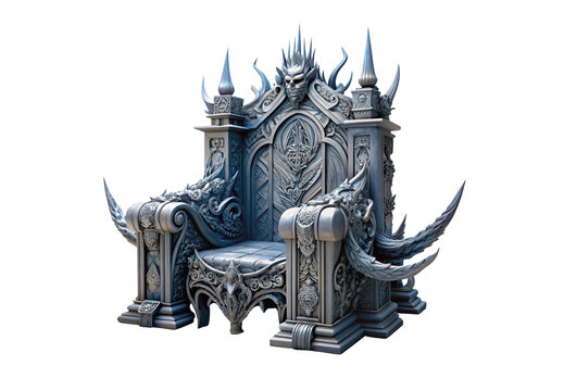 Ornate silver-blue throne with demon skull crown, curved horns, and intricate gothic carvings, isolated on a transparent background