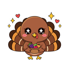 Obraz premium Adorable cartoon turkey illustration celebrating the autumn harvest season with a basket of fresh produce