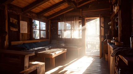 Sunlight streams into a cozy rustic wooden cabin interior.