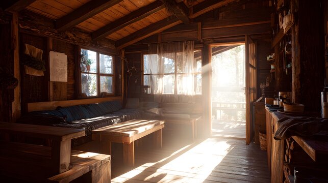 Sunlight streams into a cozy rustic wooden cabin interior. - Powered by Adobe