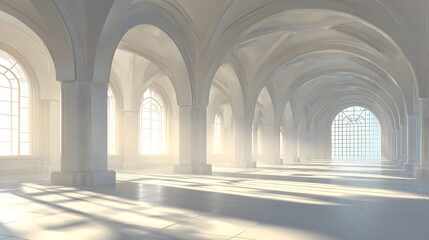 Fototapeta premium Sunlight streams through arched windows in a vast empty hall.
