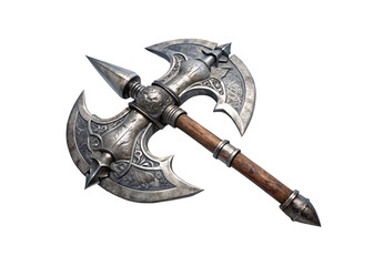 Ornate double battle axe with engraved silver crescent blades and wooden wrapped handle, isolated on a transparent background