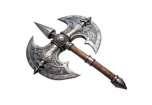 Ornate double battle axe with engraved silver crescent blades and wooden wrapped handle, isolated on a transparent background