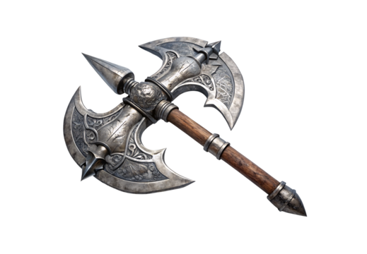 Ornate double battle axe with engraved silver crescent blades and wooden wrapped handle, isolated on a transparent background