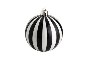 Black and white vertically striped Christmas ornament with metallic topper, isolated on a transparent background