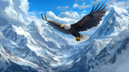 Majestic bald eagle soaring gracefully above a breathtaking panorama of snowcapped mountain peaks and a vast, cloudy sky