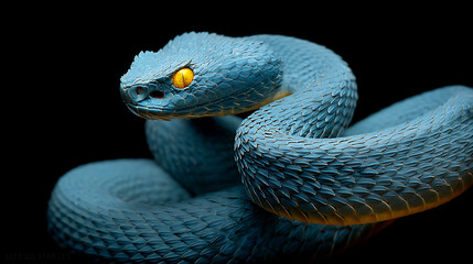 Blue Viper With Yellow Eyes Coiled Against Black reptile snake