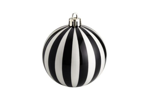 Black and white vertically striped Christmas ornament with metallic topper, isolated on a transparent background