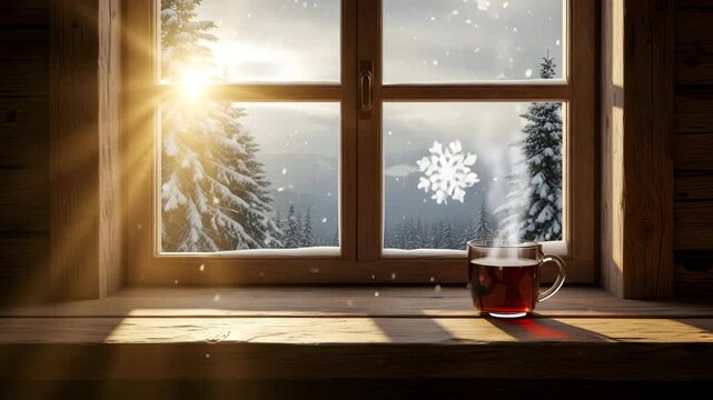 Cozy cabin window warm drink snow falling winter sunbeams pine forest landscape 4K Ai HD high quality video.	
