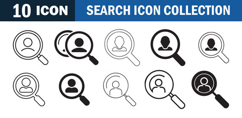 Search icon collection. Magnifying glass with human profile symbols in various styles