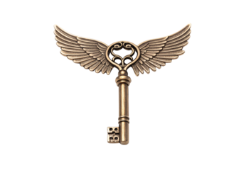 Ornate bronze winged key with heart design and detailed feathers, isolated on a transparent background