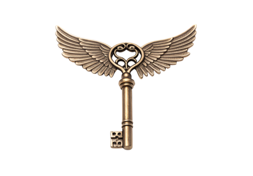 Ornate bronze winged key with heart design and detailed feathers, isolated on a transparent background