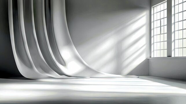 A minimalist interior scene featuring elegant white curtains cascading down, illuminated by dappled sunlight streaming through a large grid-paned window, creati