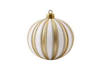 Elegant gold and white striped Christmas ornament with glitter accents, isolated on a transparent background