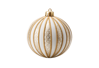 Elegant gold and white striped Christmas ornament with glitter accents, isolated on a transparent background
