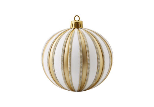 Elegant gold and white striped Christmas ornament with glitter accents, isolated on a transparent background - Powered by Adobe