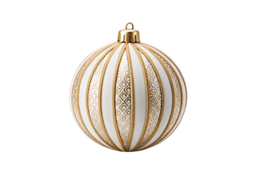 Elegant gold and white striped Christmas ornament with glitter accents, isolated on a transparent background