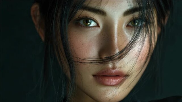 Asian woman with high cheekbones and large brown eyes against dark background.