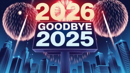 New Year 2026 Celebration Goodbye 2025 Cityscape Fireworks Display Festive Countdown Event 
4K Ai HD high quality video.	
