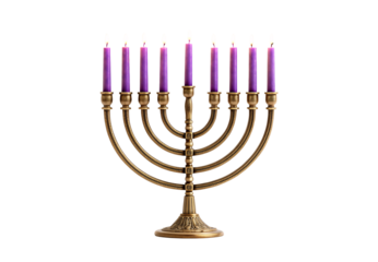 Menorah with purple candles, golden brass finish, nine branches, isolated on a transparent background
