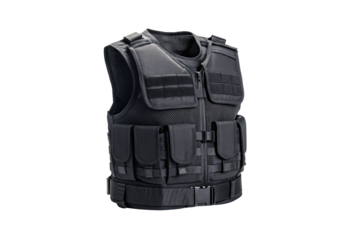 Gray tactical gear vest with mesh backing and storage compartments, isolated on a transparent background