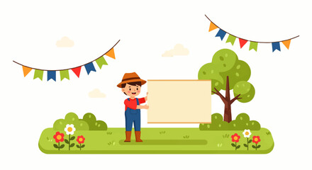 Obraz premium Cartoon Farmer Holding Blank Sign with Garland Banner and Tree Illustration