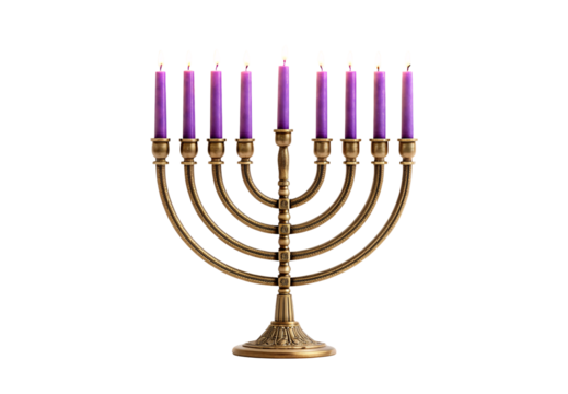 Menorah with purple candles, golden brass finish, nine branches, isolated on a transparent background