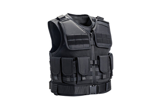 Gray tactical gear vest with mesh backing and storage compartments, isolated on a transparent background - Powered by Adobe