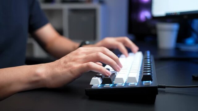 Typing on a mechanical keyboard with backlight effect in a professional and technology-driven