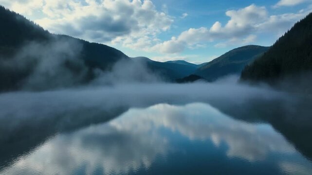 Mist rises from a lakeside valley as light breaks through scattered clouds, revealing cool reflections across the still water surface.