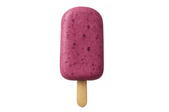 Berry fruit bar ice pop on a stick with purple texture and dark specks, refreshing frozen summer dessert