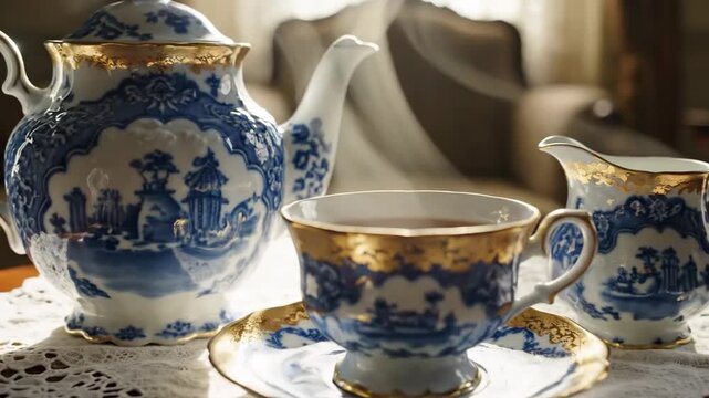 Tea service set blue/white with gold trim, on doily