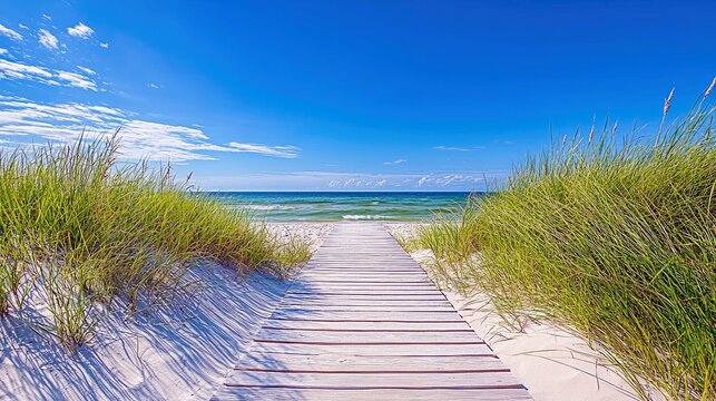 A wooden boardwalk leads through sandy dunes covered in tall green grass towards a calm blue ocean under a bright, clear blue sky with scattered white clouds.