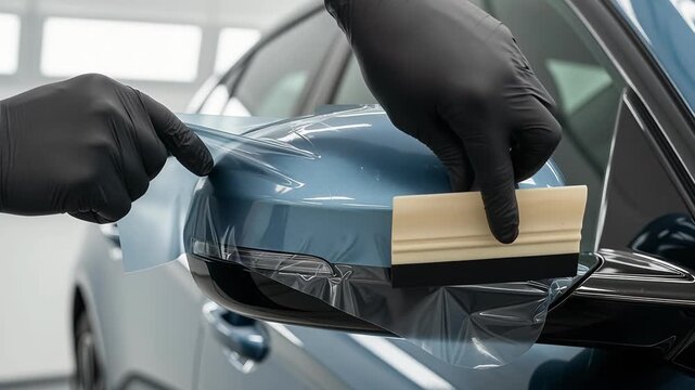 Professional detailing worker applying protective film on blue car mirror using a squeegee tool