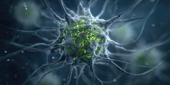 Close-up of a complex cellular structure.  A 3D rendering of a neuron or similar biological element