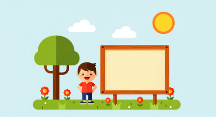 Fototapeta premium Cartoon Illustration of Boy with Signboard